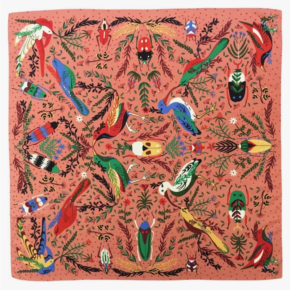 Silk Bird Print Head Scarf 35" Square Silk Hair Wrap